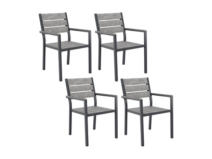 Modern outdoor dining set with a rectangular, glass-top table and four cushioned chairs in beige and brown wicker. Durable, weather-resistant materials perfect for patio or garden dining. Elegant and comfortable design.