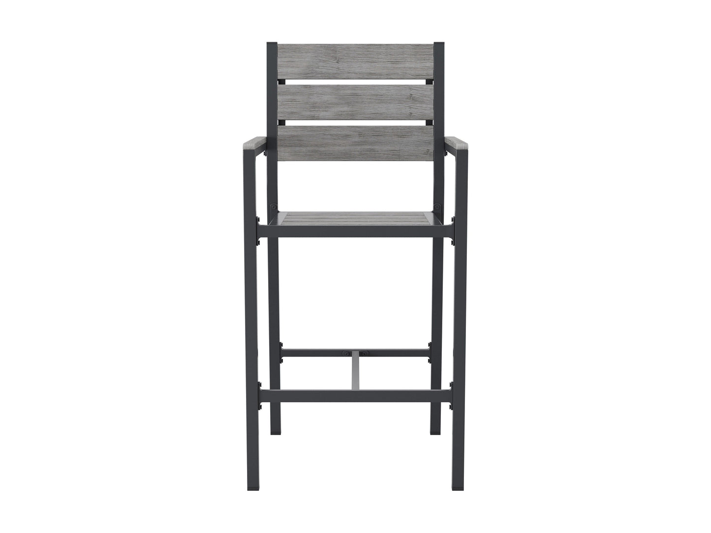 Set of two outdoor patio bar stools with teak wood seats, black metal frames, and footrests. The stools feature weather-resistant materials and a sleek, modern design, perfect for outdoor entertaining spaces.