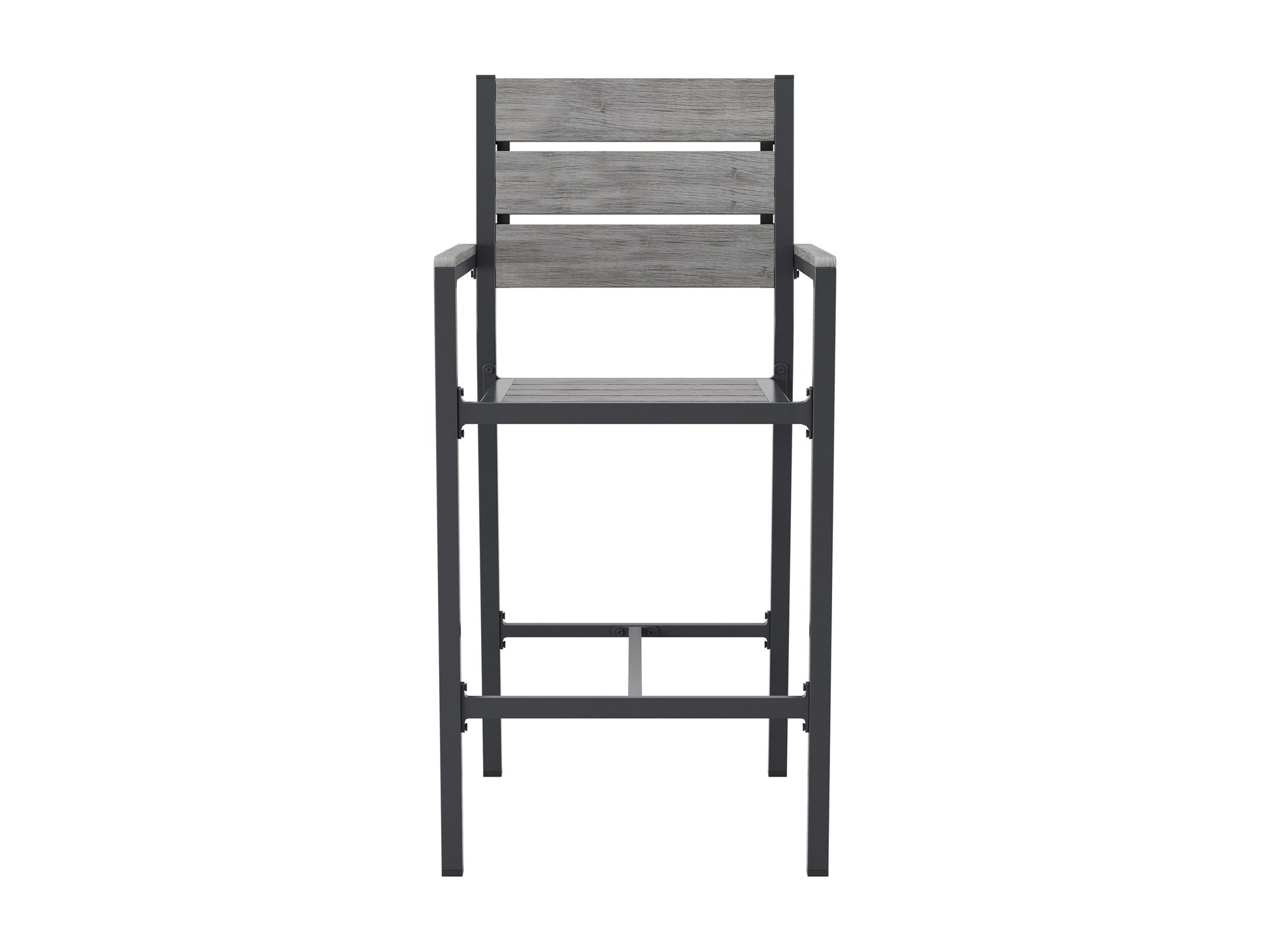 Set of two outdoor patio bar stools with teak wood seats, black metal frames, and footrests. The stools feature weather-resistant materials and a sleek, modern design, perfect for outdoor entertaining spaces.
