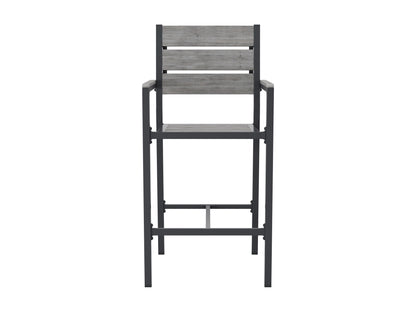 Set of two outdoor patio bar stools with teak wood seats, black metal frames, and footrests. The stools feature weather-resistant materials and a sleek, modern design, perfect for outdoor entertaining spaces.