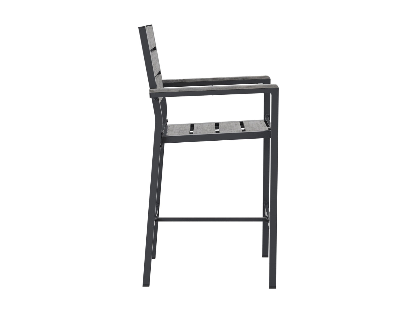 Set of two outdoor patio bar stools with teak wood seats, black metal frames, and footrests. The stools feature weather-resistant materials and a sleek, modern design, perfect for outdoor entertaining spaces.