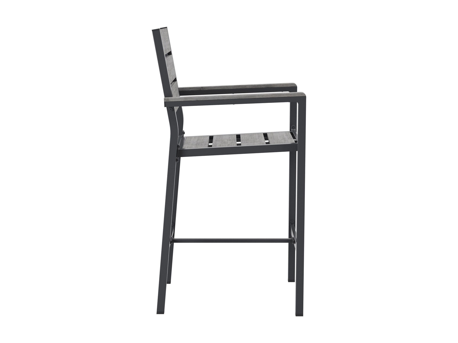 Set of two outdoor patio bar stools with teak wood seats, black metal frames, and footrests. The stools feature weather-resistant materials and a sleek, modern design, perfect for outdoor entertaining spaces.