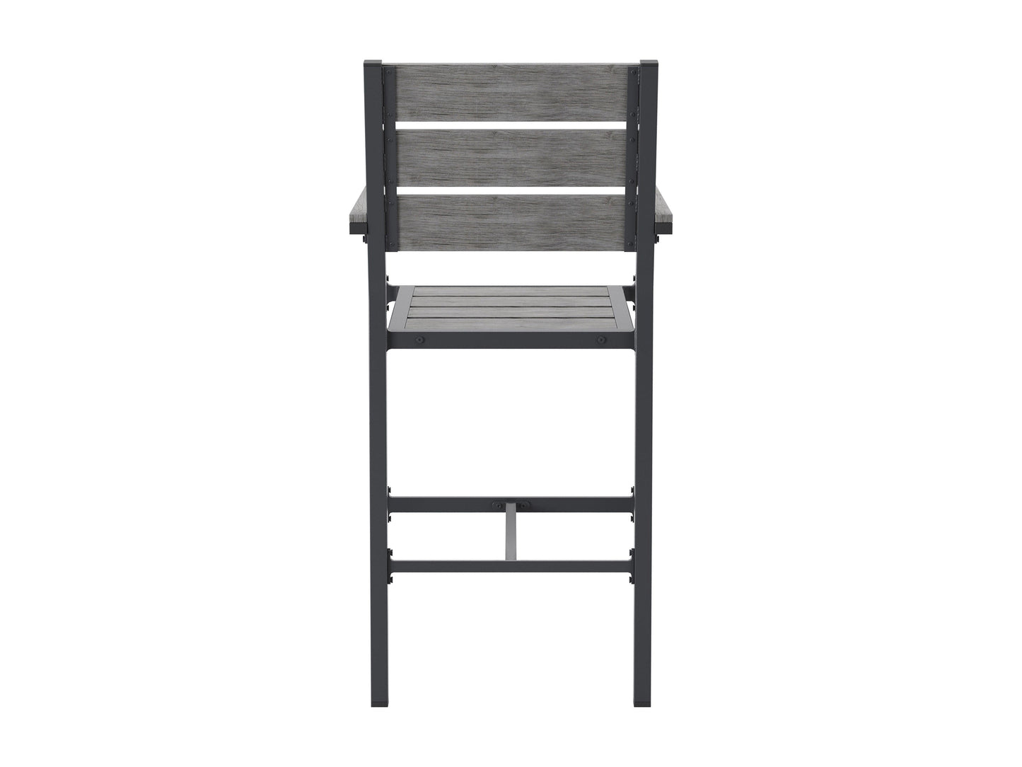 Set of two outdoor patio bar stools with teak wood seats, black metal frames, and footrests. The stools feature weather-resistant materials and a sleek, modern design, perfect for outdoor entertaining spaces.