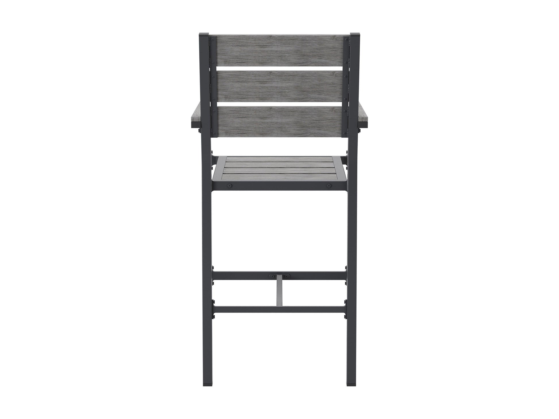 Set of two outdoor patio bar stools with teak wood seats, black metal frames, and footrests. The stools feature weather-resistant materials and a sleek, modern design, perfect for outdoor entertaining spaces.