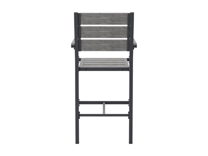 Set of two outdoor patio bar stools with teak wood seats, black metal frames, and footrests. The stools feature weather-resistant materials and a sleek, modern design, perfect for outdoor entertaining spaces.