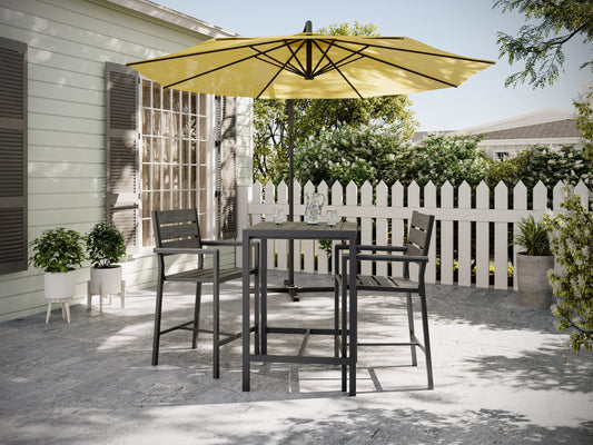 Sleek outdoor bar table with a black metal frame, tempered glass top, and built-in wine rack, perfect for patio or garden settings.