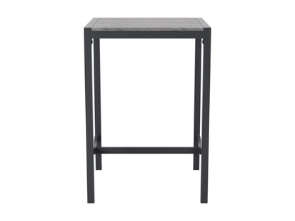 Sleek outdoor bar table with a black metal frame, tempered glass top, and built-in wine rack, perfect for patio or garden settings.