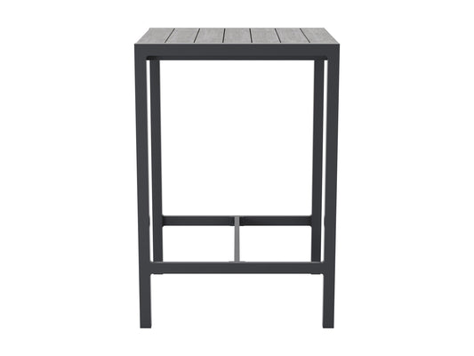 Sleek outdoor bar table with a black metal frame, tempered glass top, and built-in wine rack, perfect for patio or garden settings.