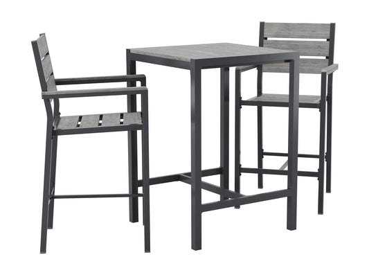 3-piece outdoor patio bar set with two brown wicker bar stools and a matching high-top table with a glass surface, featuring durable, weather-resistant materials perfect for backyard or garden use.