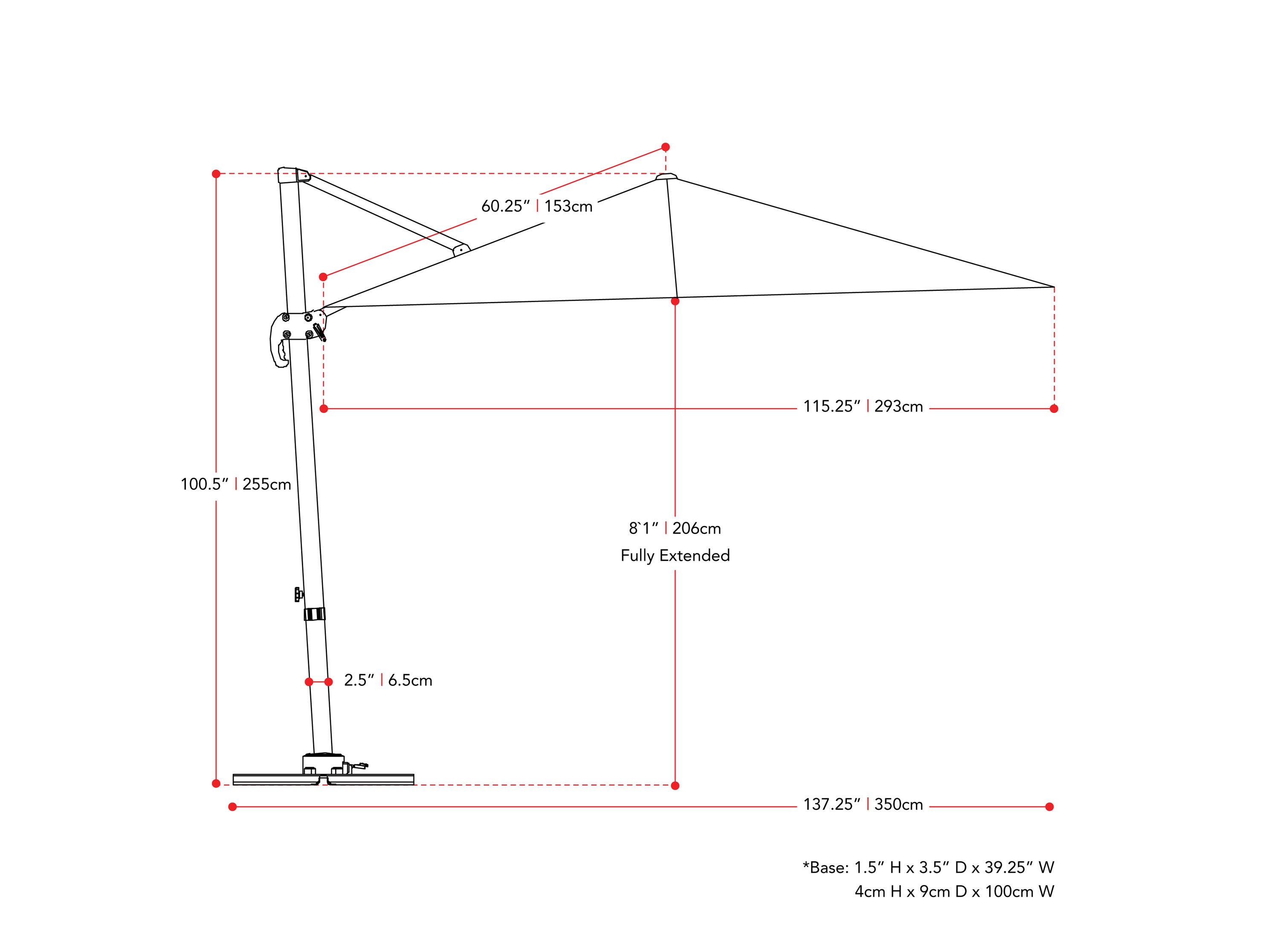 black offset patio umbrella, 360 degree 100 Series measurements diagram CorLiving#color_black