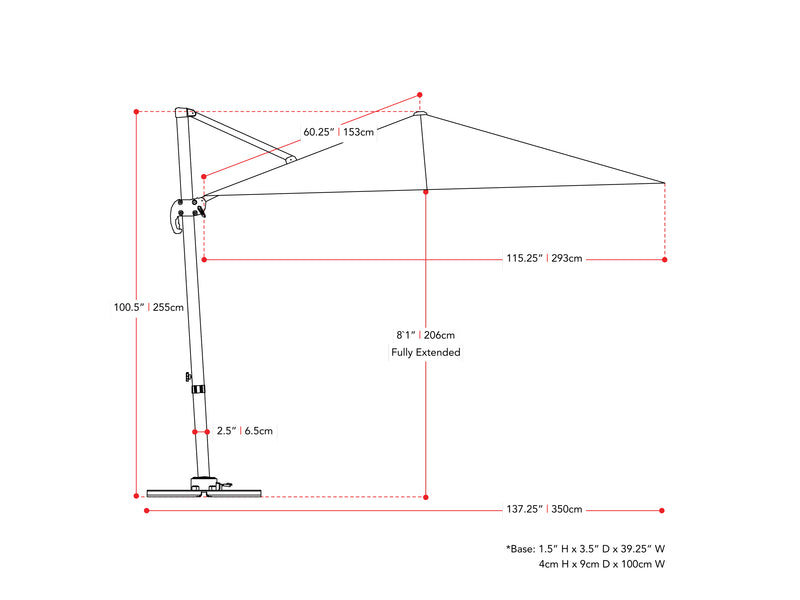 dark green offset patio umbrella, 360 degree 100 Series measurements diagram CorLiving