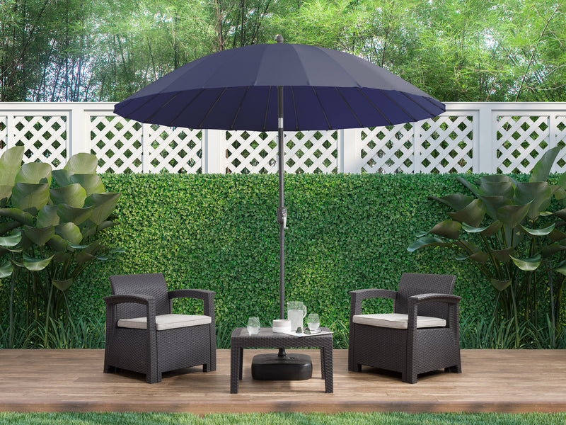 navy blue parasol umbrella, tilting Sun Shield lifestyle scene CorLiving