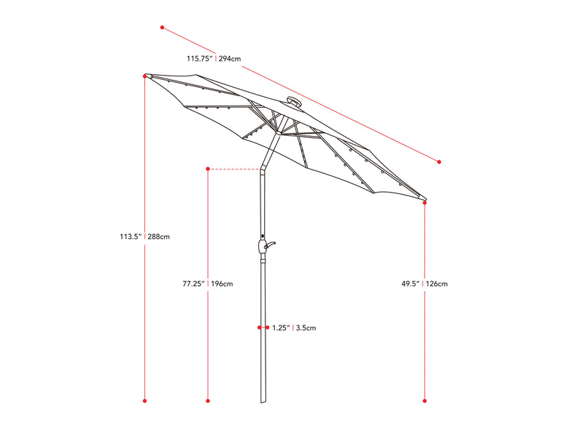 grey led umbrella, tilting Skylight measurements diagram CorLiving