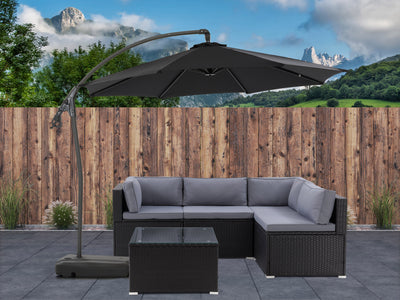 black cantilever patio umbrella with base Endure lifestyle scene CorLiving#color_black