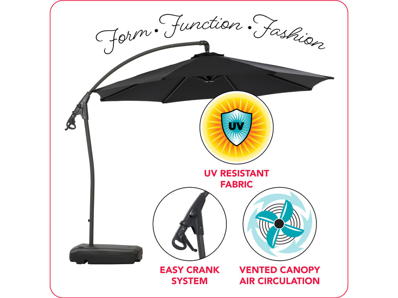 black cantilever patio umbrella with base Endure infographic CorLiving