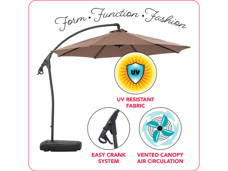 sand cantilever patio umbrella with base Endure infographic CorLiving