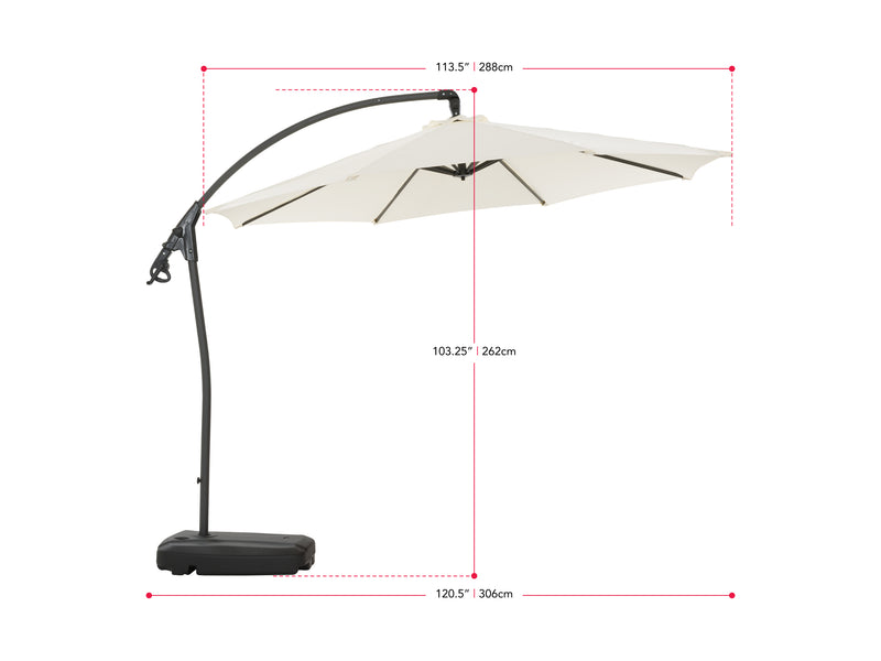 white cantilever patio umbrella with base Endure measurements diagram CorLiving