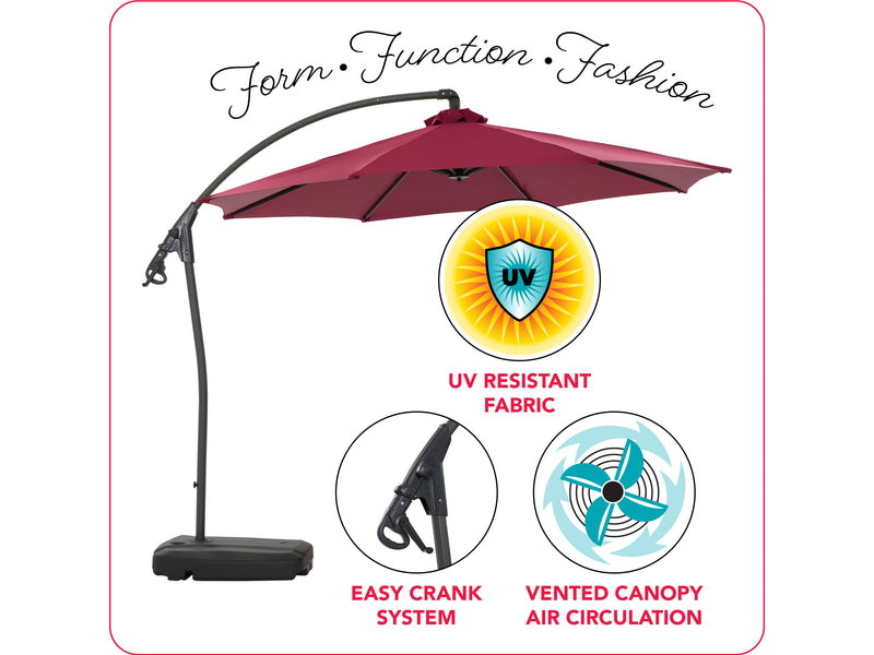 wine red cantilever patio umbrella with base Endure infographic CorLiving