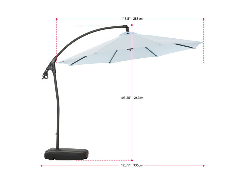 light blue cantilever patio umbrella with base Endure measurements diagram CorLiving