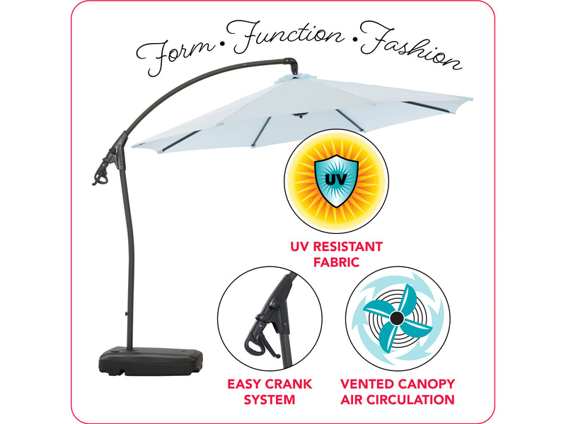 light blue cantilever patio umbrella with base Endure infographic CorLiving