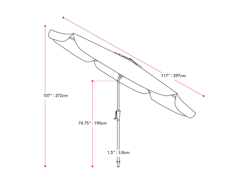 black 10ft patio umbrella, round tilting 200 Series measurements diagram CorLiving