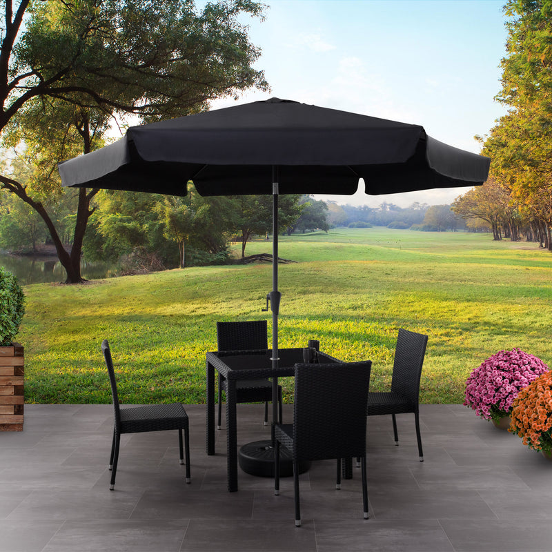 black 10ft patio umbrella, round tilting with base 200 Series lifestyle scene CorLiving