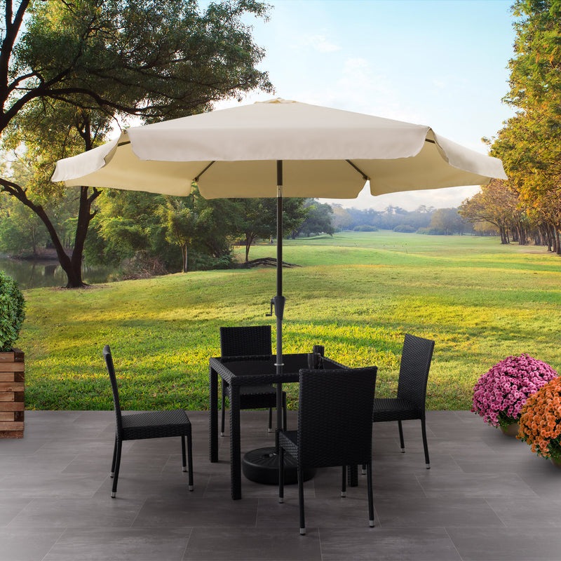warm white 10ft patio umbrella, round tilting with base 200 Series lifestyle scene CorLiving