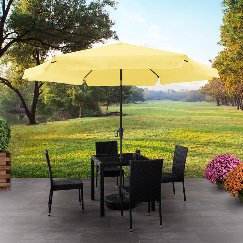 yellow 10ft patio umbrella, round tilting with base 200 Series lifestyle scene CorLiving