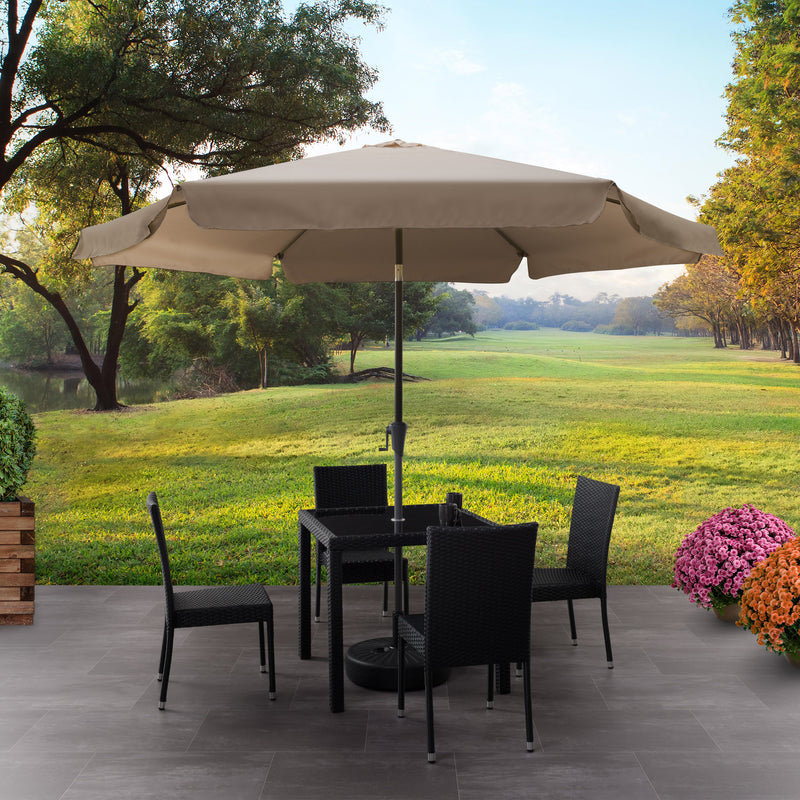 brown 10ft patio umbrella, round tilting with base 200 Series lifestyle scene CorLiving