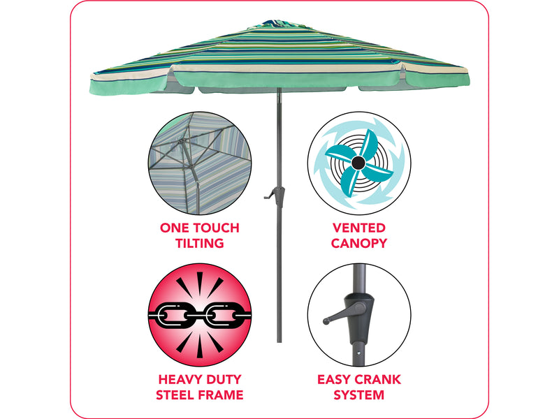 green and white 10ft patio umbrella, round tilting 200 Series infographic CorLiving