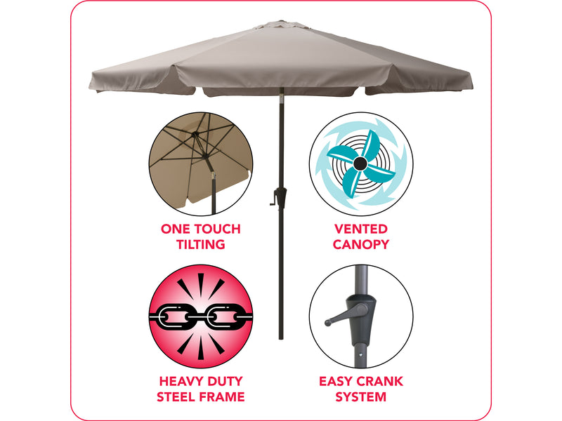 grey 10ft patio umbrella, round tilting 200 Series infographic CorLiving