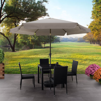 grey 10ft patio umbrella, round tilting with base 200 Series lifestyle scene CorLiving#color_grey
