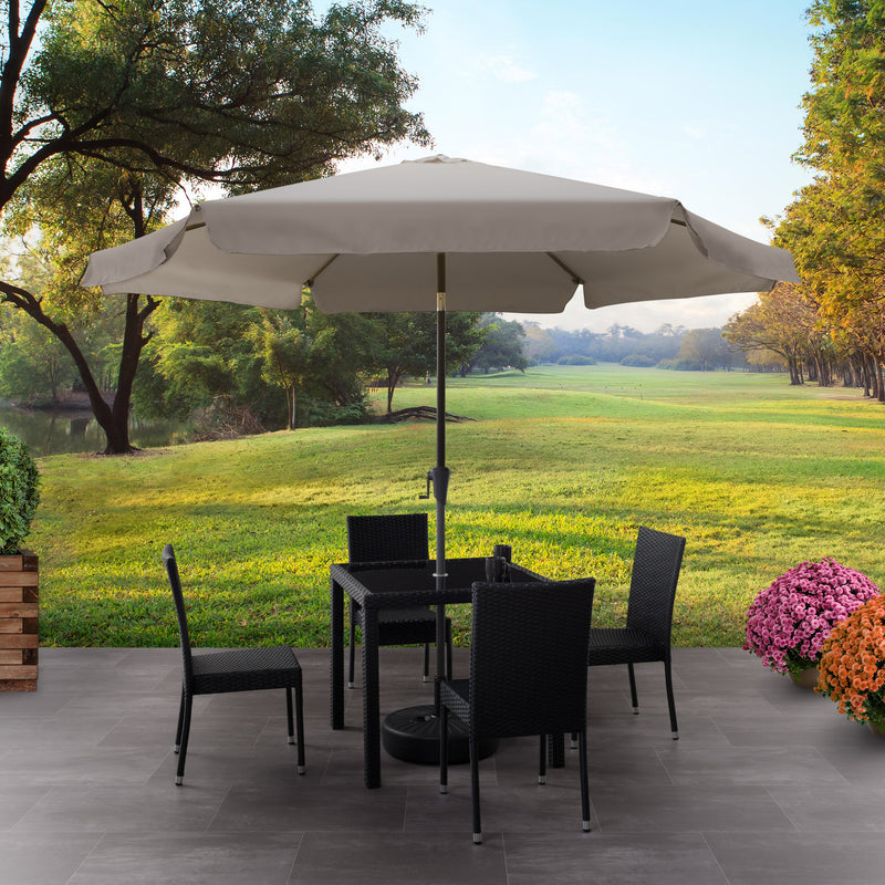 grey 10ft patio umbrella, round tilting with base 200 Series lifestyle scene CorLiving