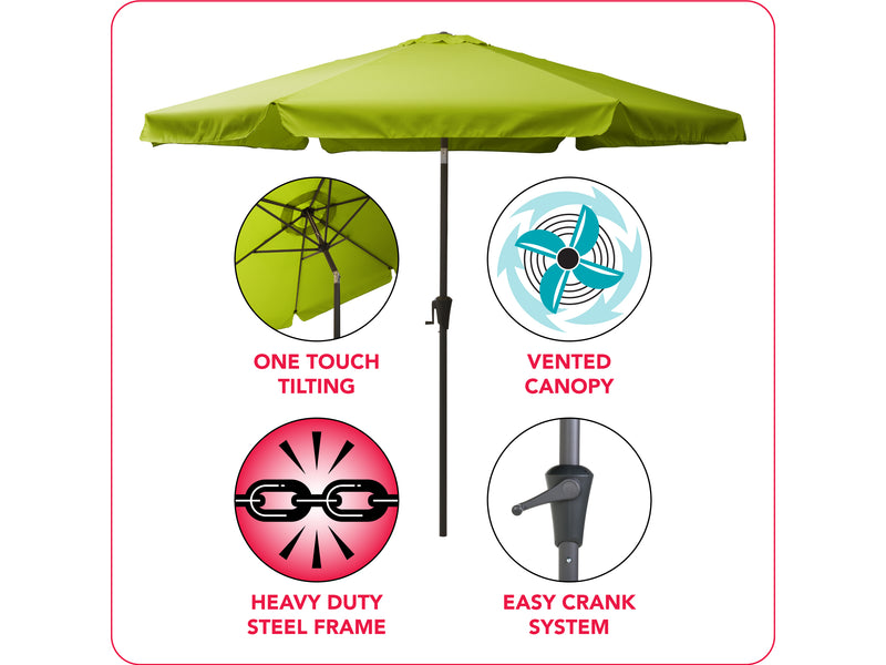 lime green 10ft patio umbrella, round tilting 200 Series infographic CorLiving