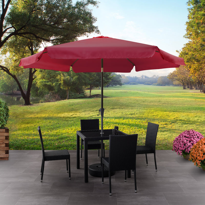 wine red 10ft patio umbrella, round tilting with base 200 Series lifestyle scene CorLiving