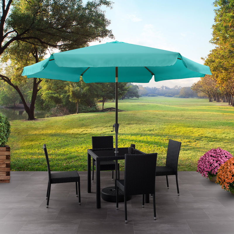 turquoise blue 10ft patio umbrella, round tilting with base 200 Series lifestyle scene CorLiving