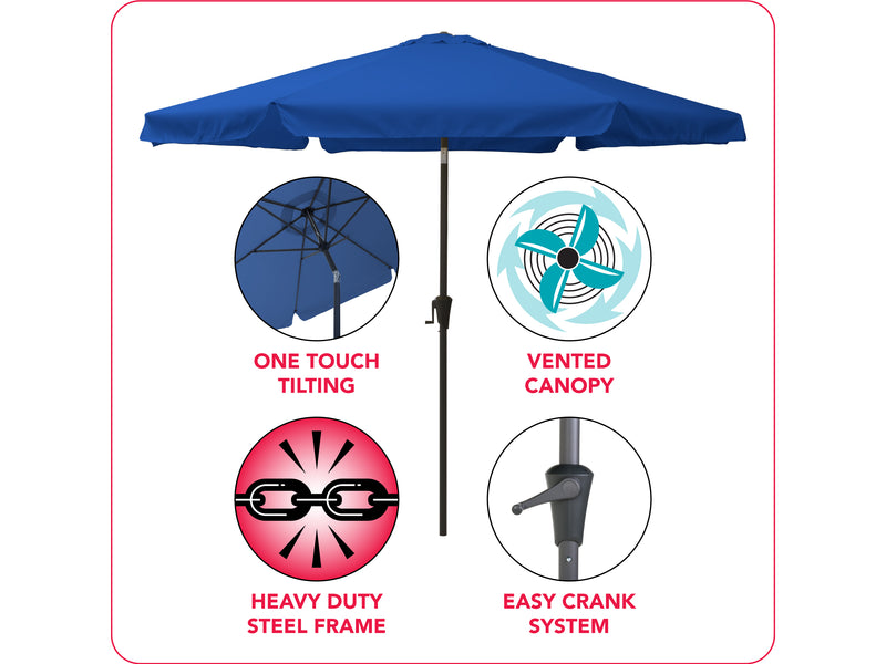 cobalt blue 10ft patio umbrella, round tilting 200 Series infographic CorLiving