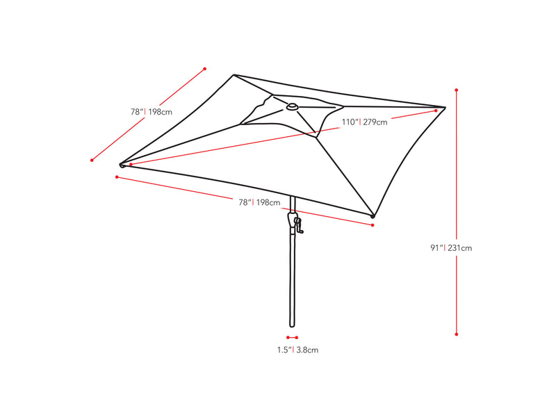 orange square patio umbrella, tilting 300 Series measurements diagram CorLiving