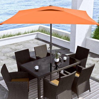 orange square patio umbrella, tilting with base 300 Series lifestyle scene CorLiving#color_orange