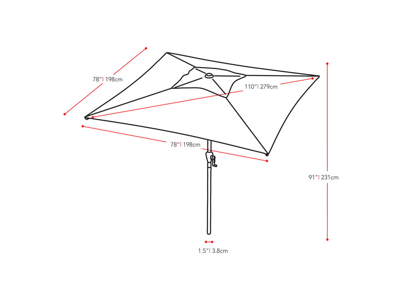 warm white square patio umbrella, tilting 300 Series measurements diagram CorLiving