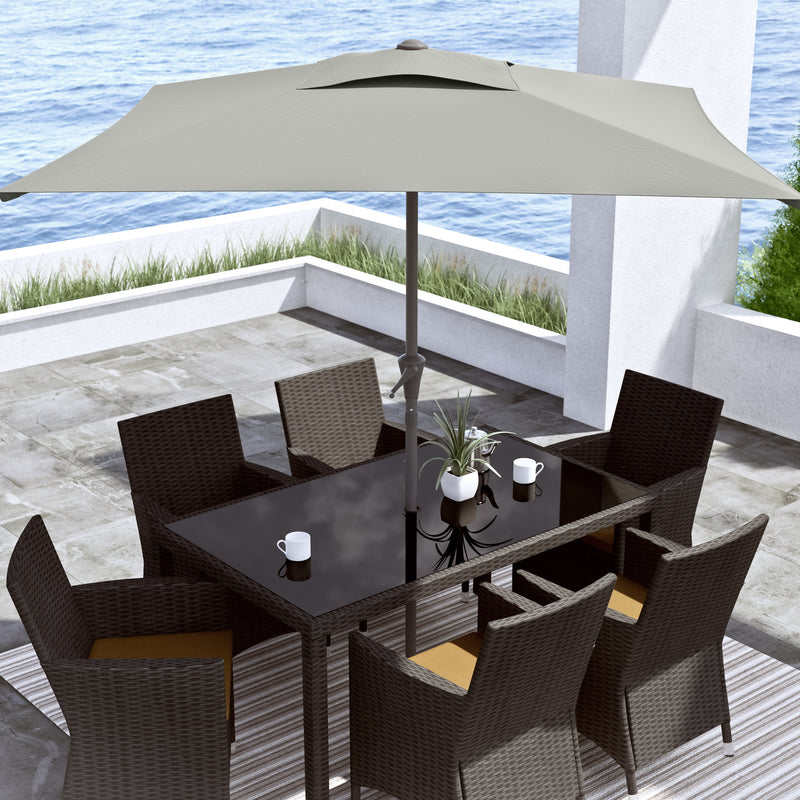 grey square patio umbrella, tilting with base 300 Series lifestyle scene CorLiving
