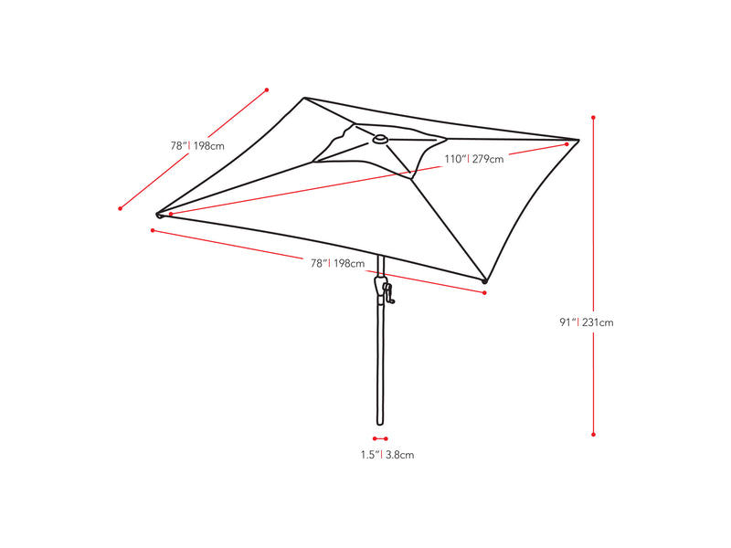 lime green square patio umbrella, tilting 300 Series measurements diagram CorLiving