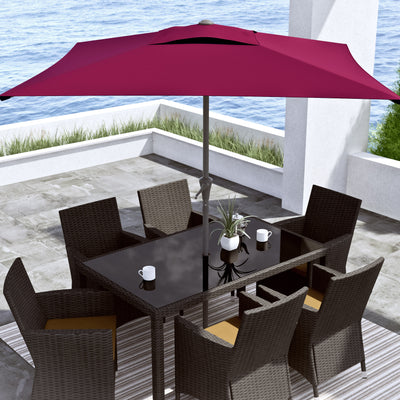 wine red square patio umbrella, tilting with base 300 Series lifestyle scene CorLiving#color_wine-red