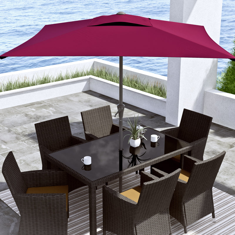 wine red square patio umbrella, tilting with base 300 Series lifestyle scene CorLiving