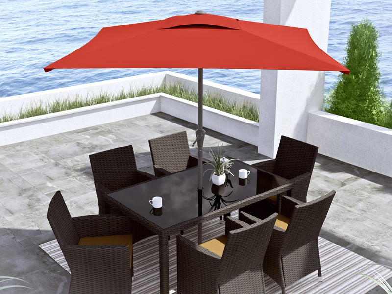 crimson red square patio umbrella, tilting 300 Series lifestyle scene CorLiving