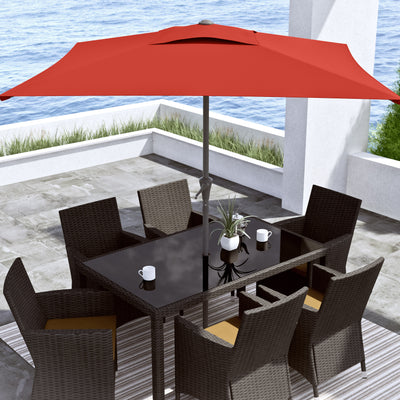 crimson red square patio umbrella, tilting with base 300 Series lifestyle scene CorLiving#color_crimson-red