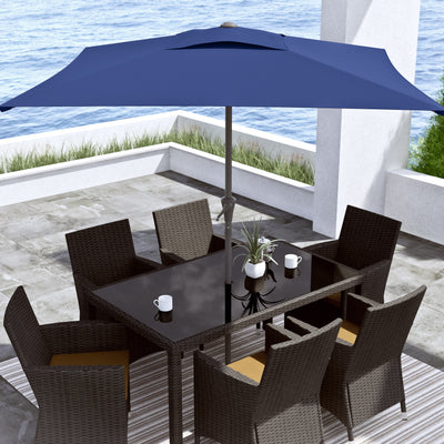 cobalt blue square patio umbrella, tilting with base 300 Series lifestyle scene CorLiving#color_cobalt-blue
