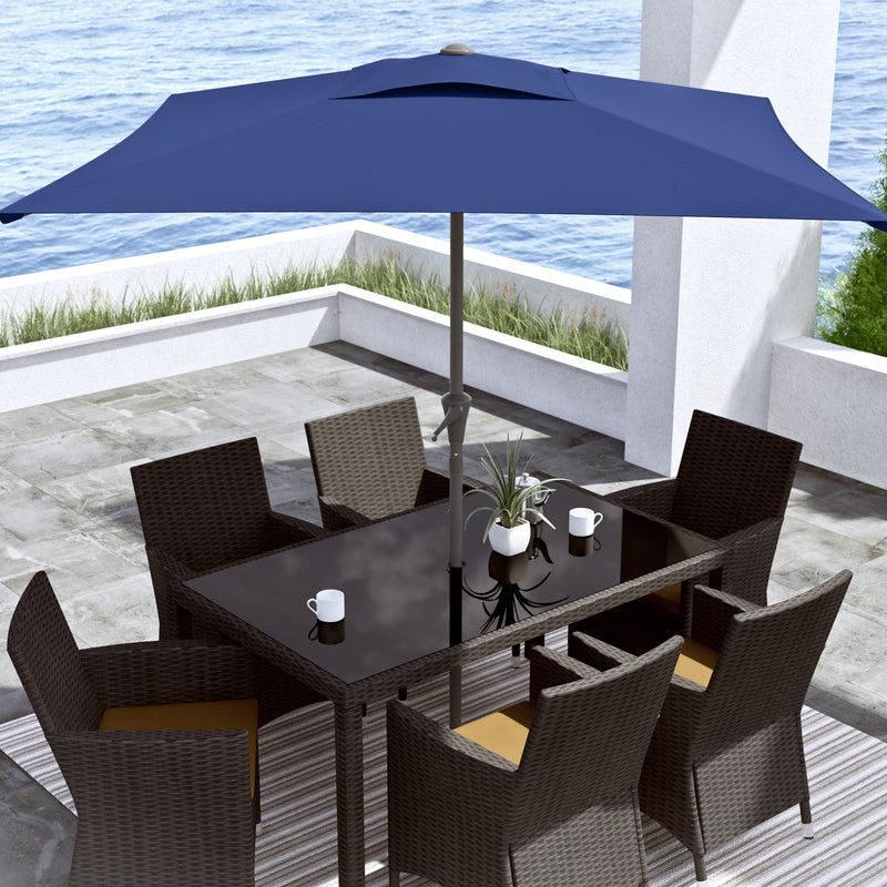 cobalt blue square patio umbrella, tilting with base 300 Series lifestyle scene CorLiving