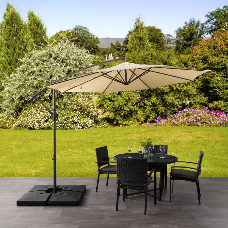 warm white offset patio umbrella with base 400 Series lifestyle scene CorLiving
