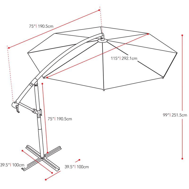 brown offset patio umbrella with base 400 Series measurements diagram CorLiving